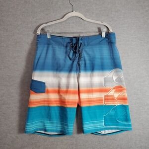 Quiksilver Men Swimwear 34 Blue Striped Board Shorts Pocket Drawstring High Rise